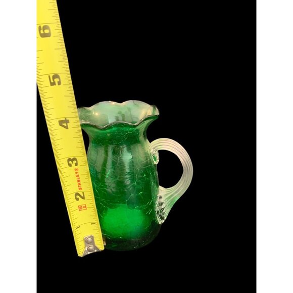 Vintage Green Blown Crackle Glass Pitcher BLENKO Applied Clear Handle 4" - Picture 7 of 8